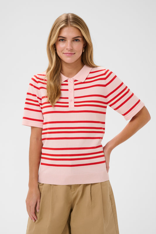 Pila Short Sleeve Polo Pullover | Chalk Pink/Red Stripe